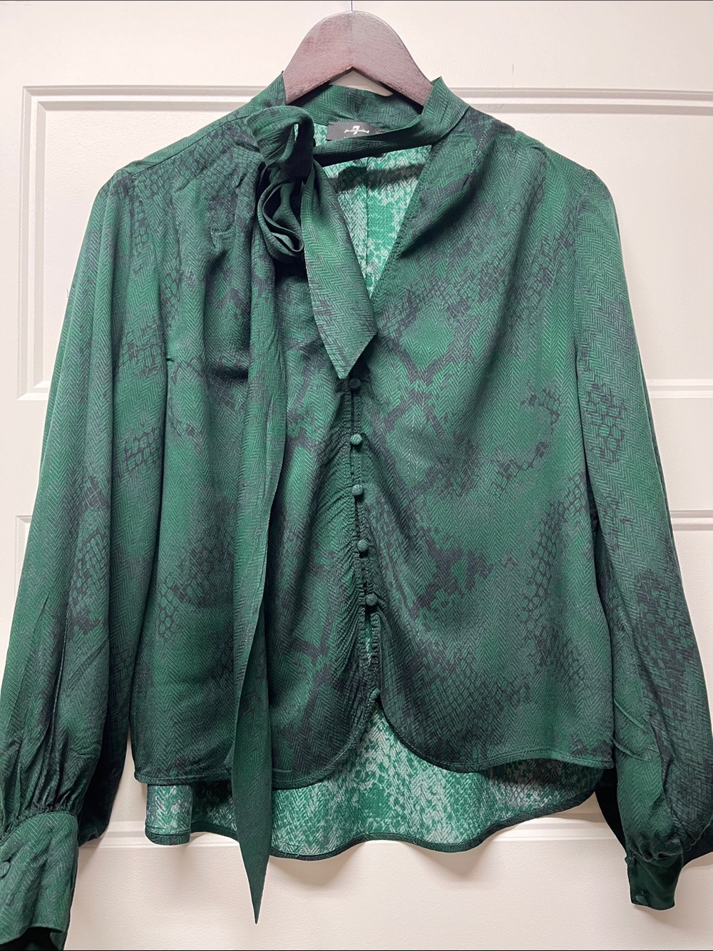 7 For All Mankind Emerald Green Snake-Print Tie-Neck Blouse